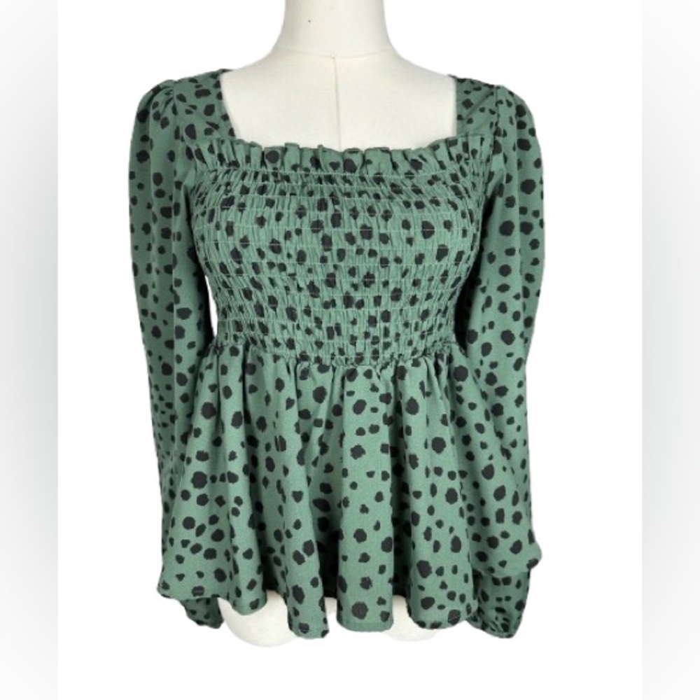 ❤️ SALE! 💙 SHEIN Green Smocked Peplum Long-Sleeve Top with Black Spot Print